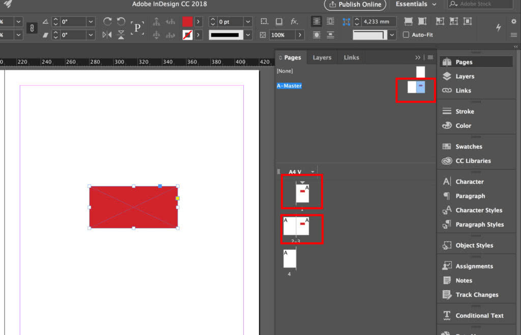 Element placed in the default InDesign master page A