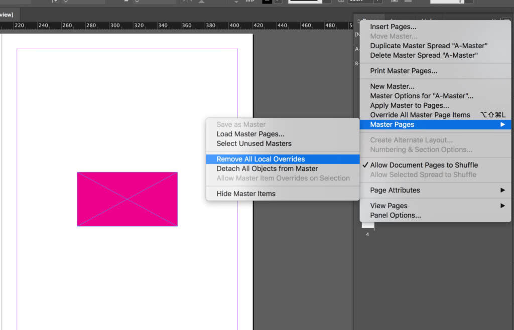 Remove overrides to an InDesign master page element