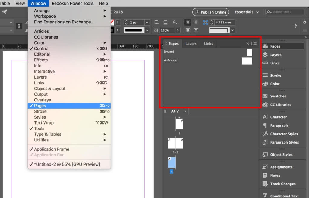 InDesign Master pages in the Page Panel