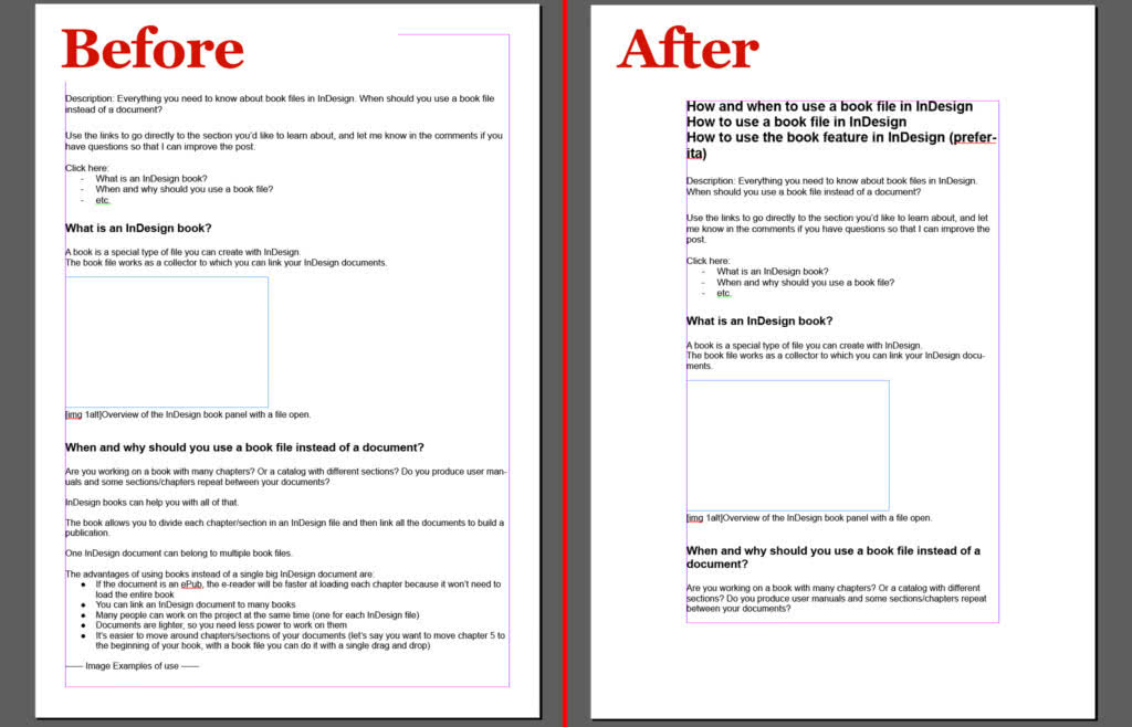 Page of the InDesign document before and after the master page update