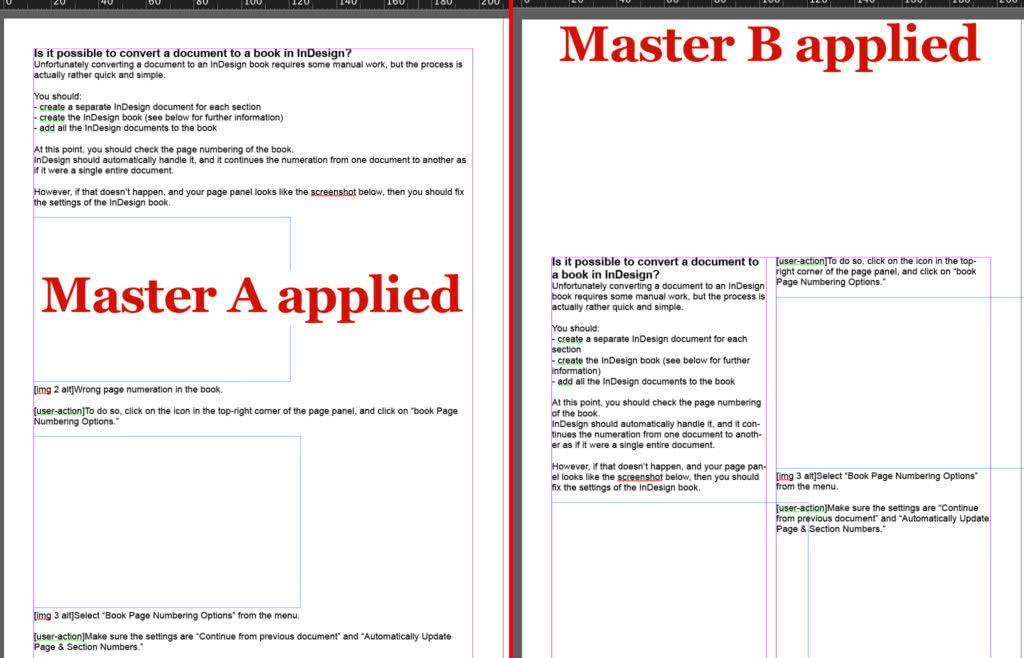 Difference between a page in the document with master page A and with master page B