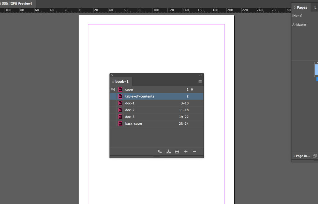 Overview of the InDesign book panel with a file open.