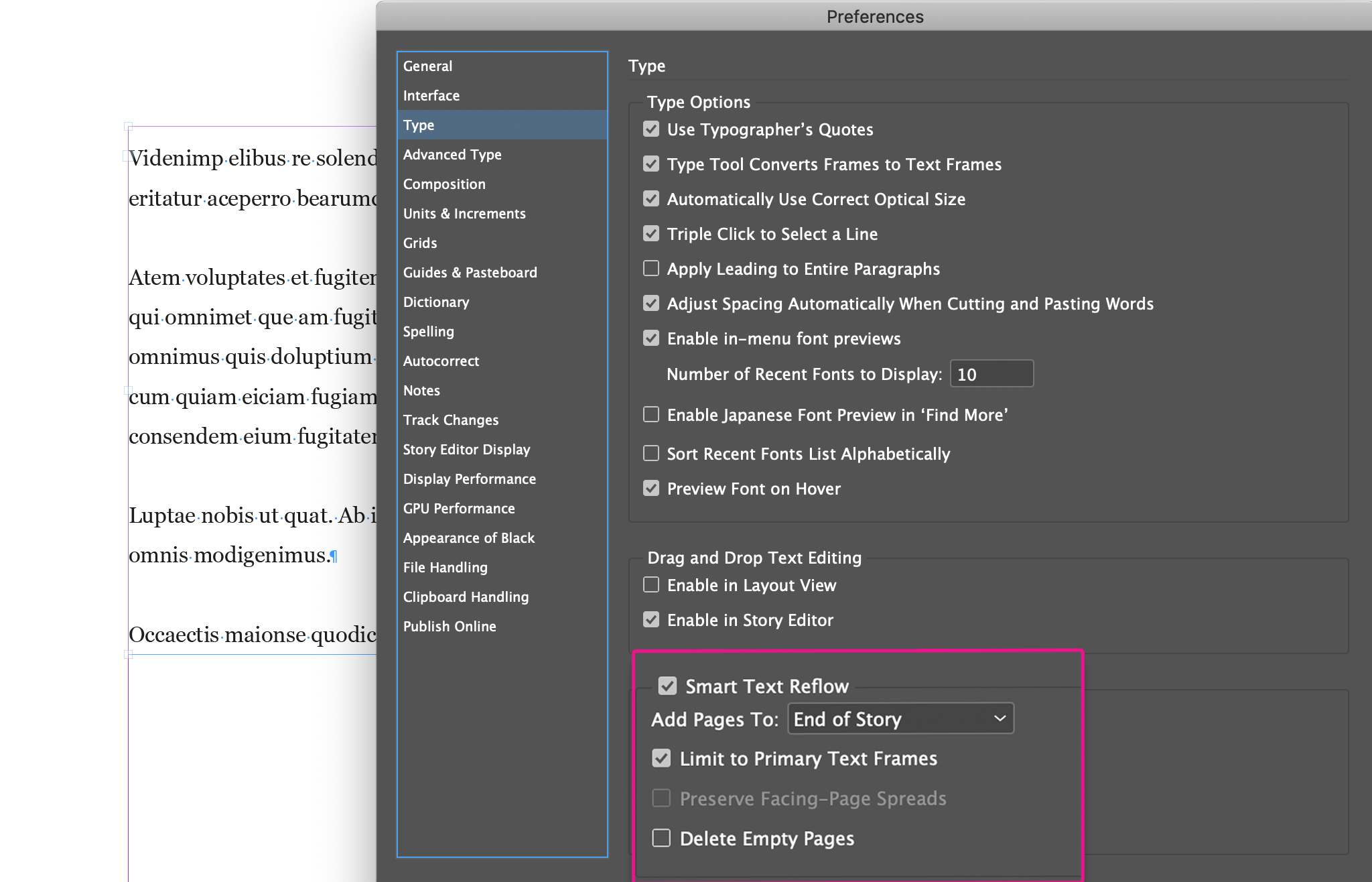 smart text reflow indesign enabled