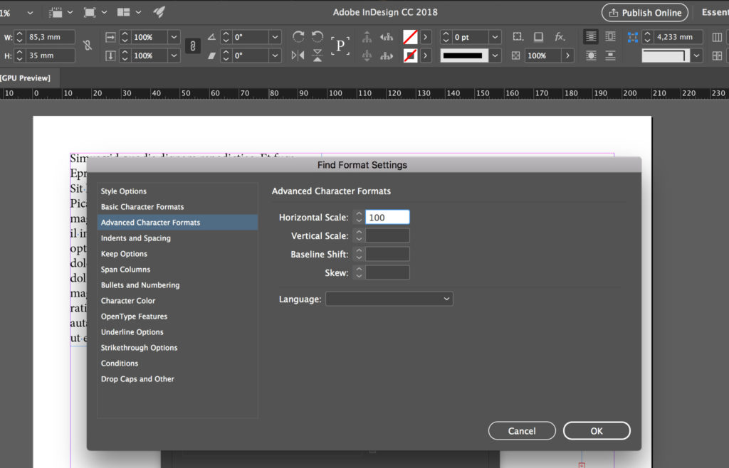 InDesign: Horizontal Scale to 90