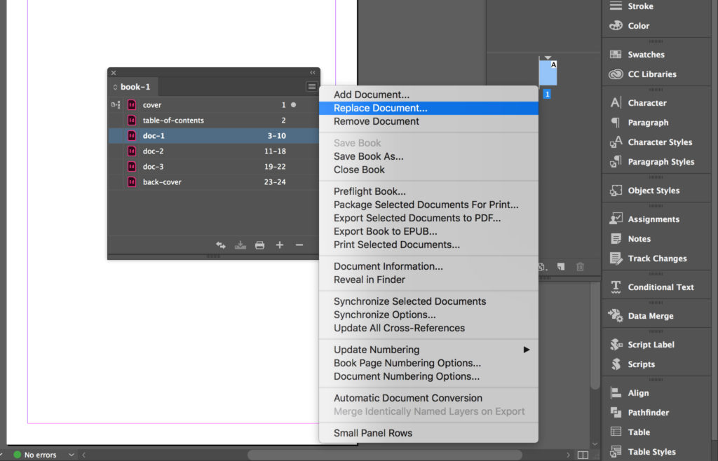 Replace a document in the InDesign book.