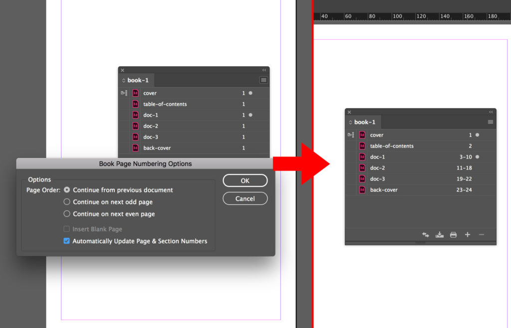 Correct settings for book page numbering in InDesign.