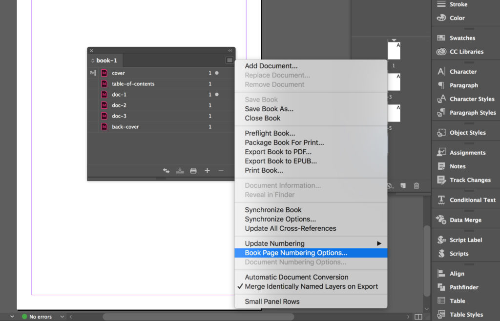 Select “Book Page Numbering Options” from the menu.