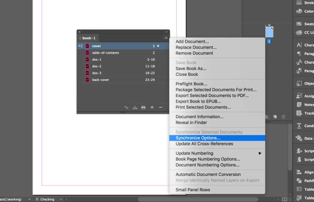 Synchronize Options…. in the book panel.