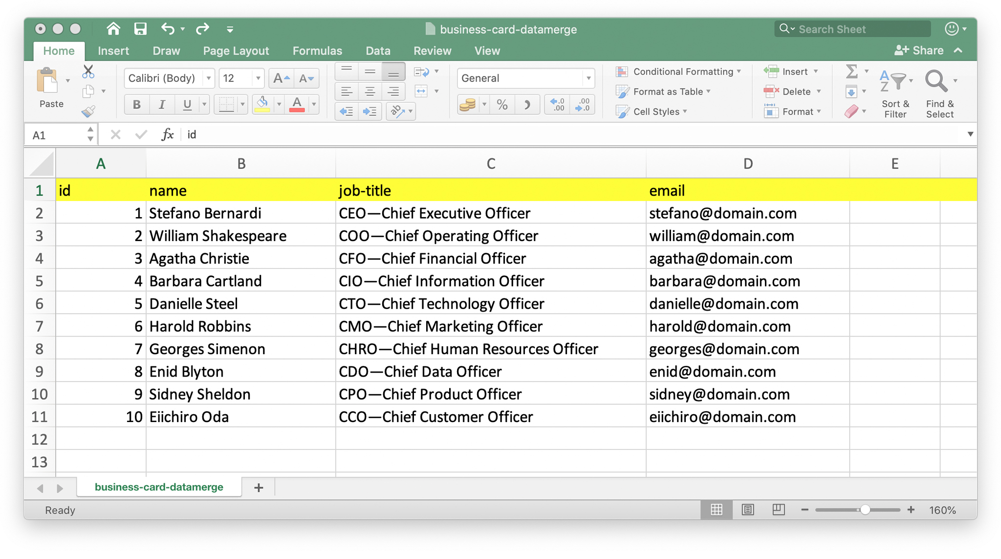 Create the Excel file with all the data