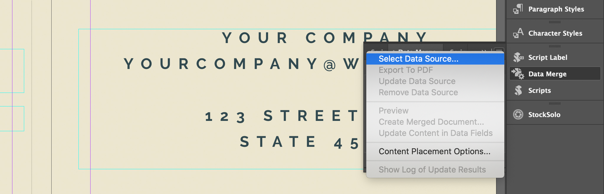 Select the Data Source for the InDesign data merge