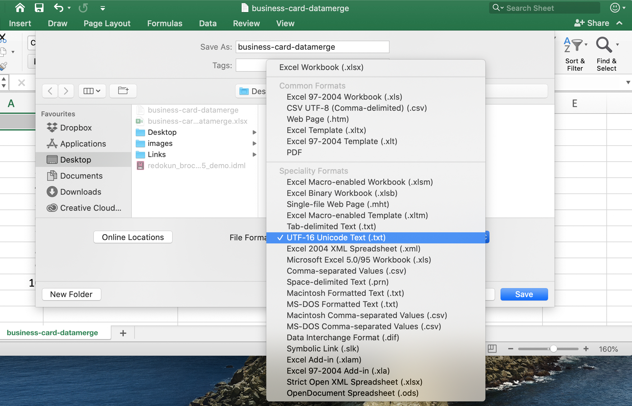 Save the Excel file using UTF-16 Unicode Text as a file format.