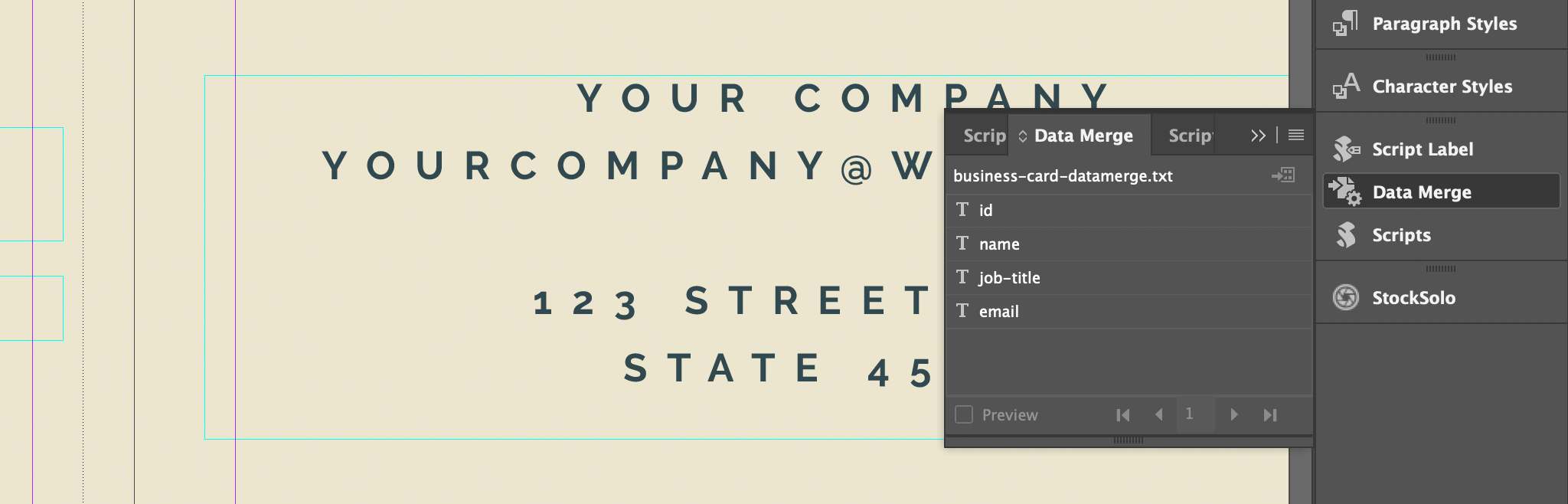 InDesign creates the variables for the data merge.