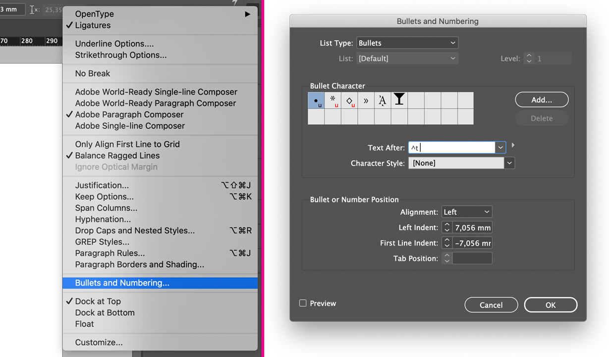 InDesign bullet points pop-up