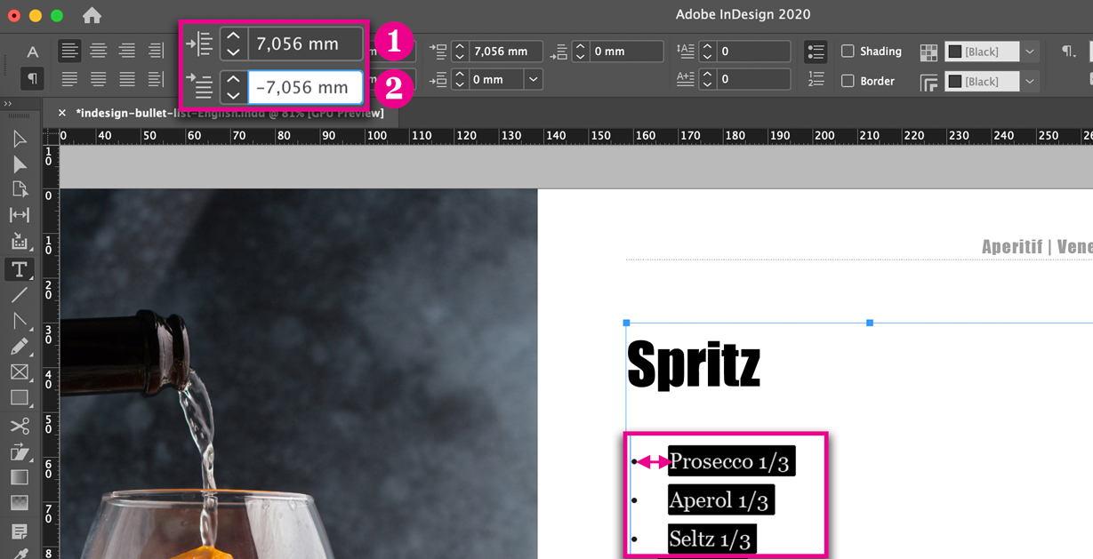 Change indent bullet points in InDesign