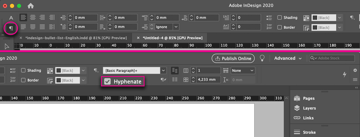 InDesign turn off hyphenation entire text