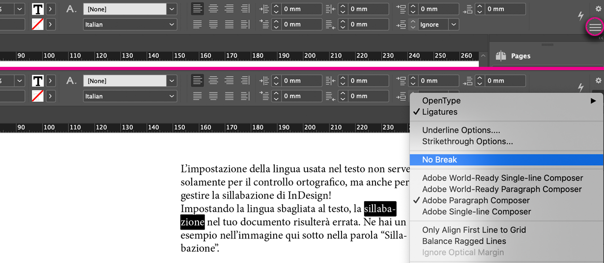 Turn off hyphenation of a single word in InDesign