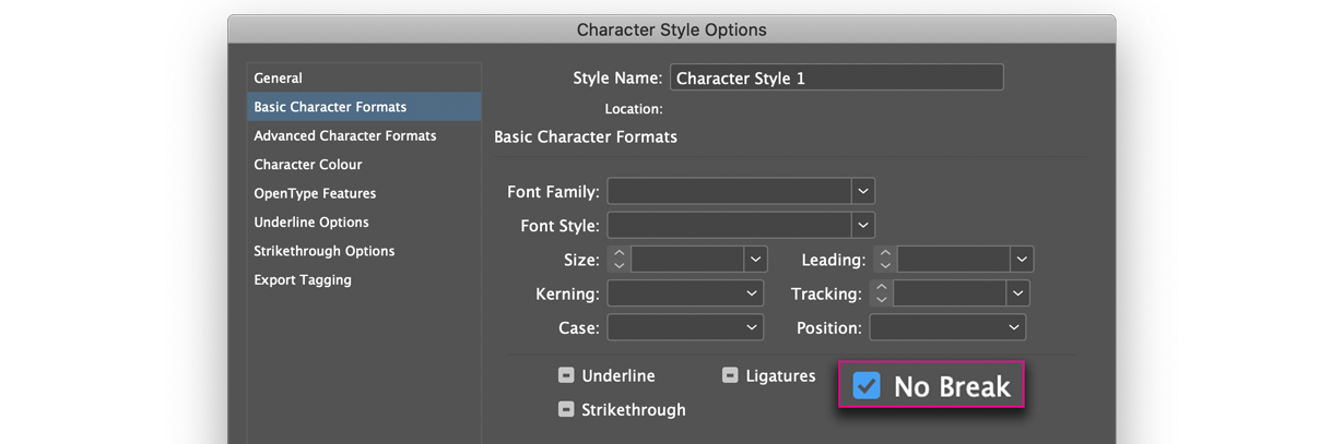 Activate No-break in the Character Style