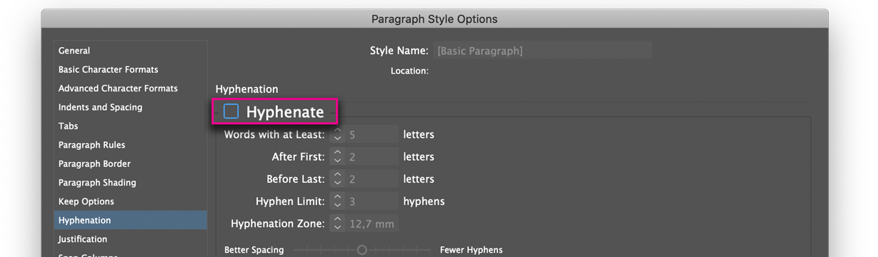 Turn off hyphenation in InDesign paragraph style