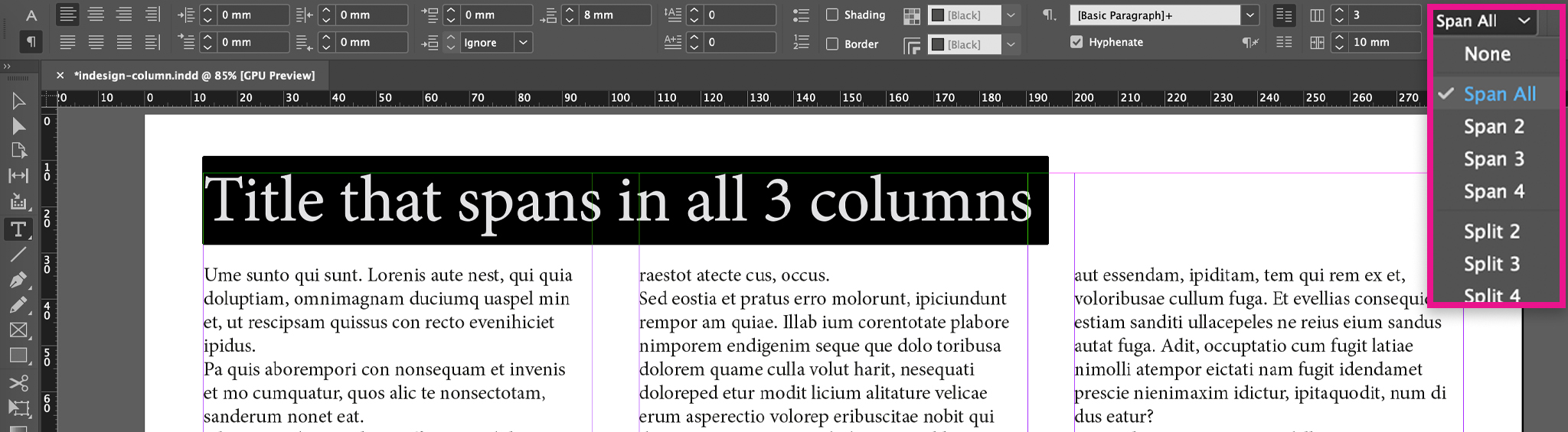 Span columns in InDesign