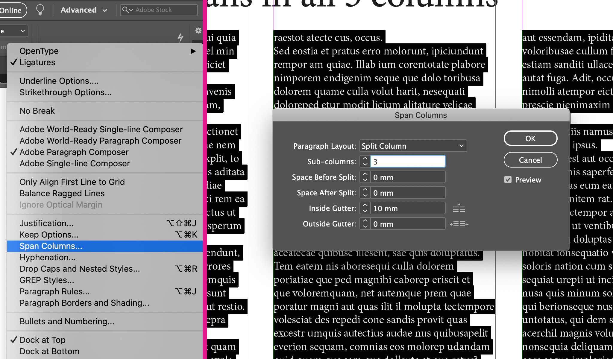 Span column options