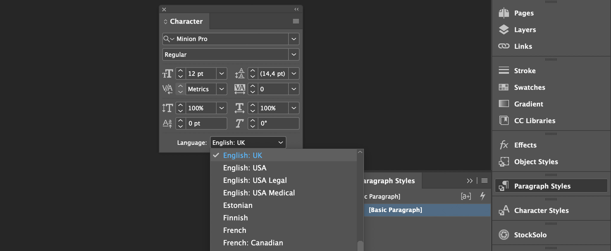 Select language in the character panel