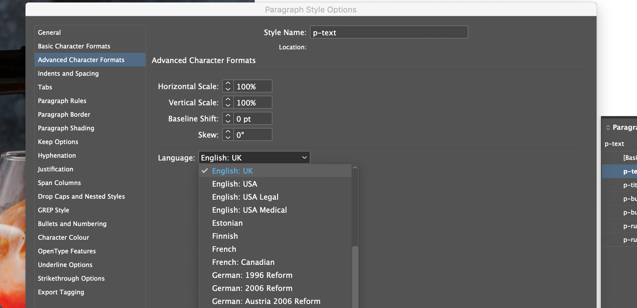 Select language in the Advanced Character Formats panel