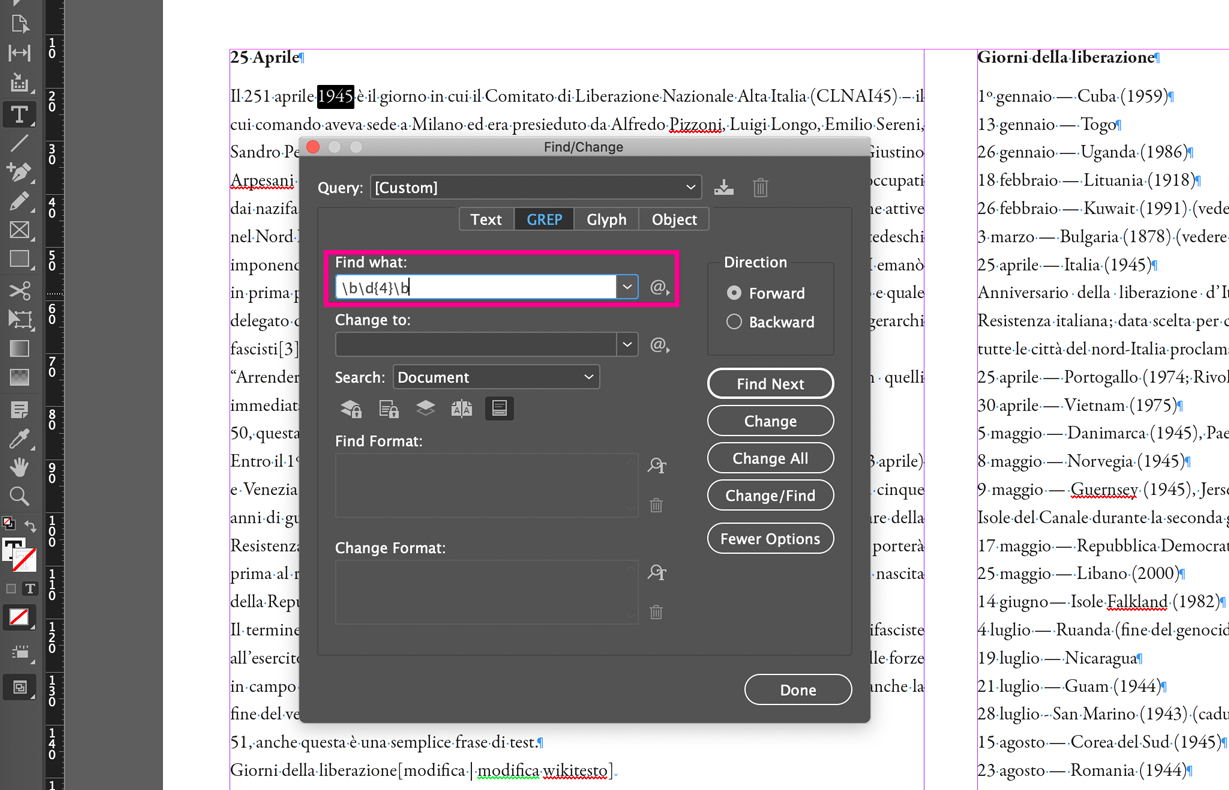 Use InDesign GREP in the Find/Change