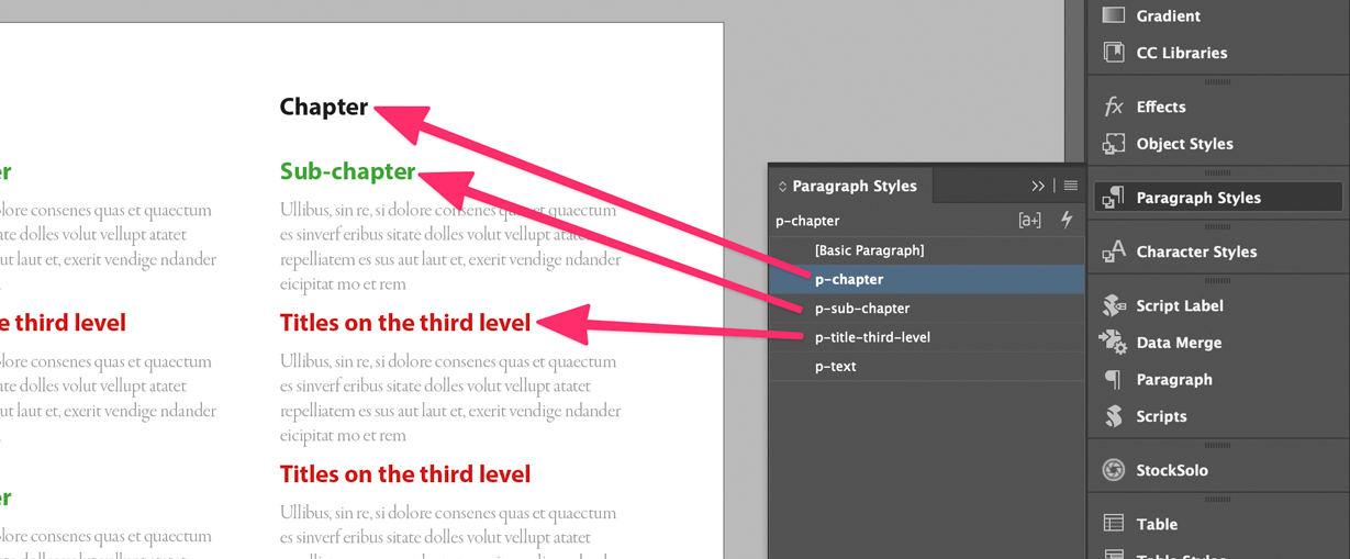 Styles applied to the InDesign document