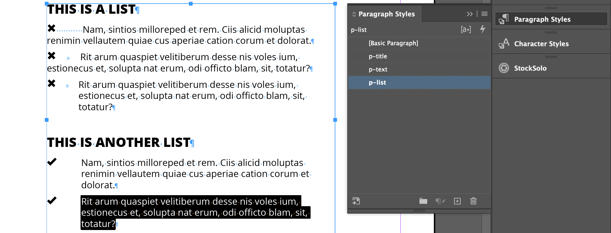 Examples of bulleted lists in InDesign