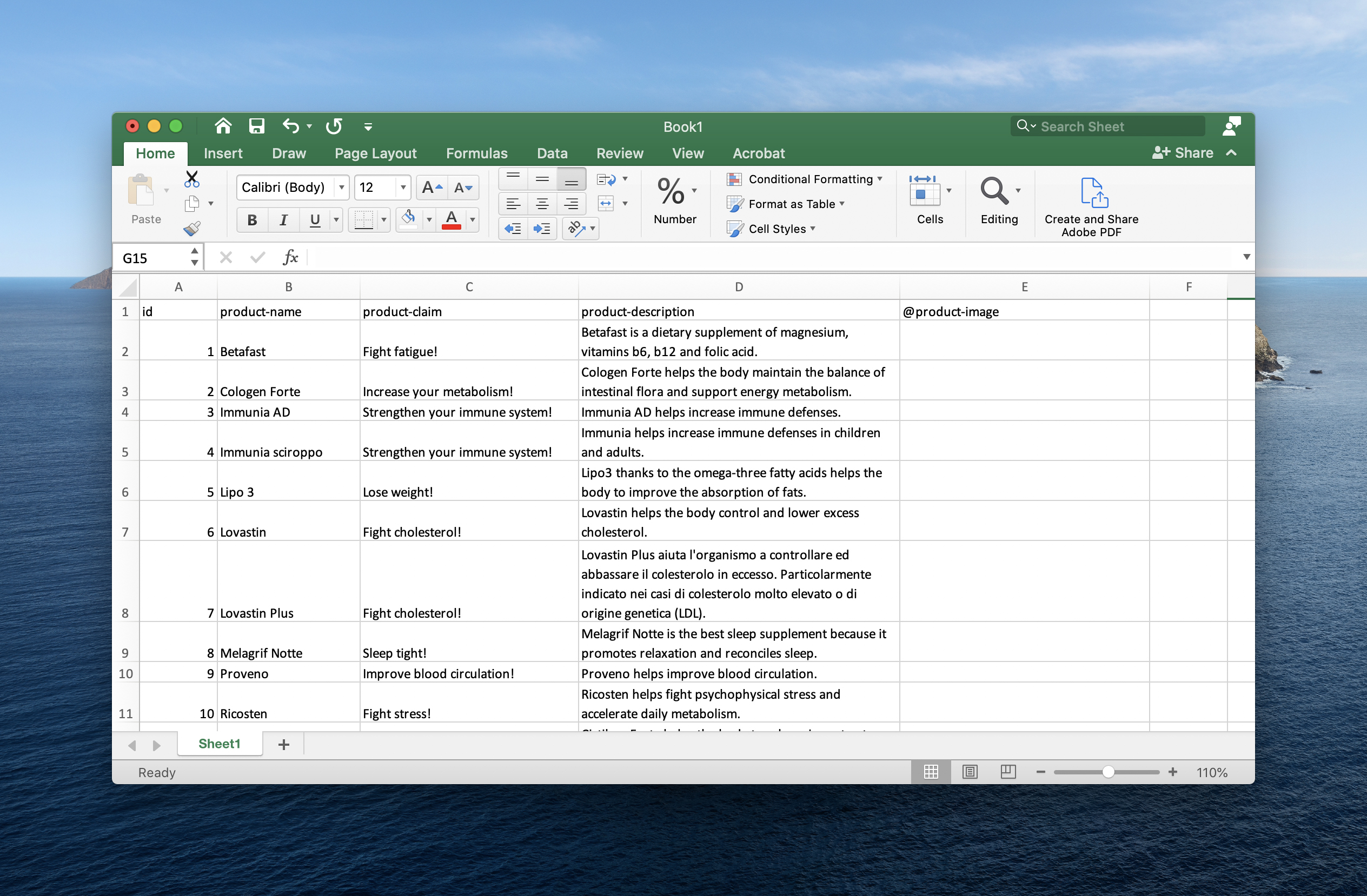 Example of Excel document with data