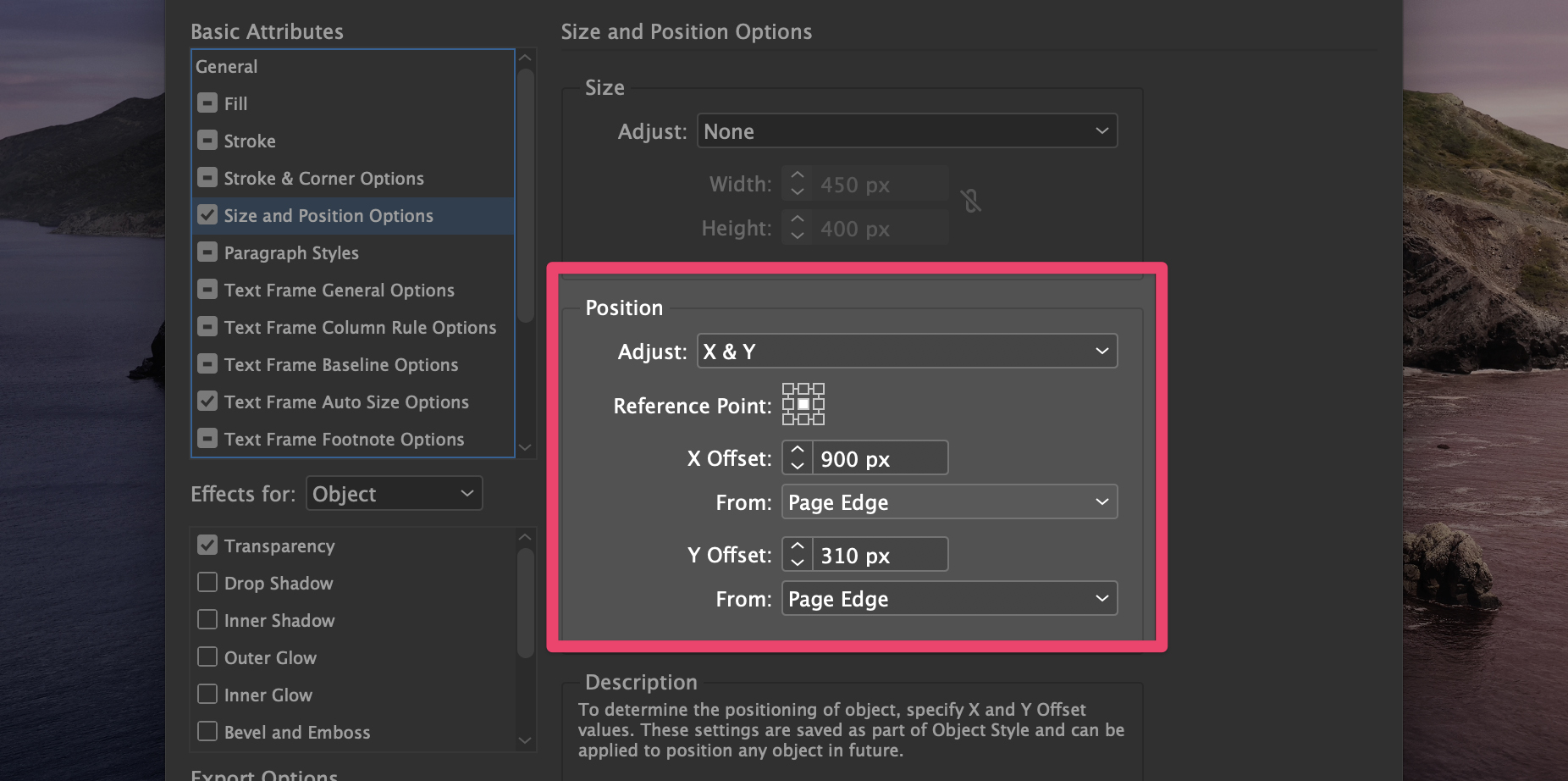 Size and position options