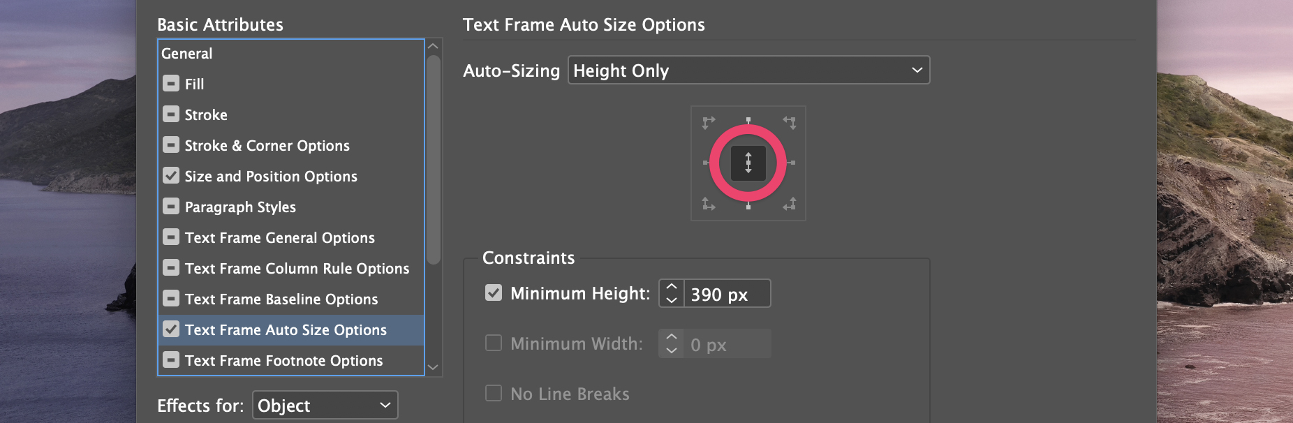 Text frame auto size options