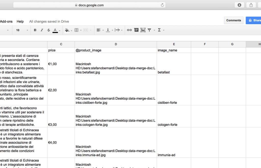 Images path correctly written in the spreadsheet