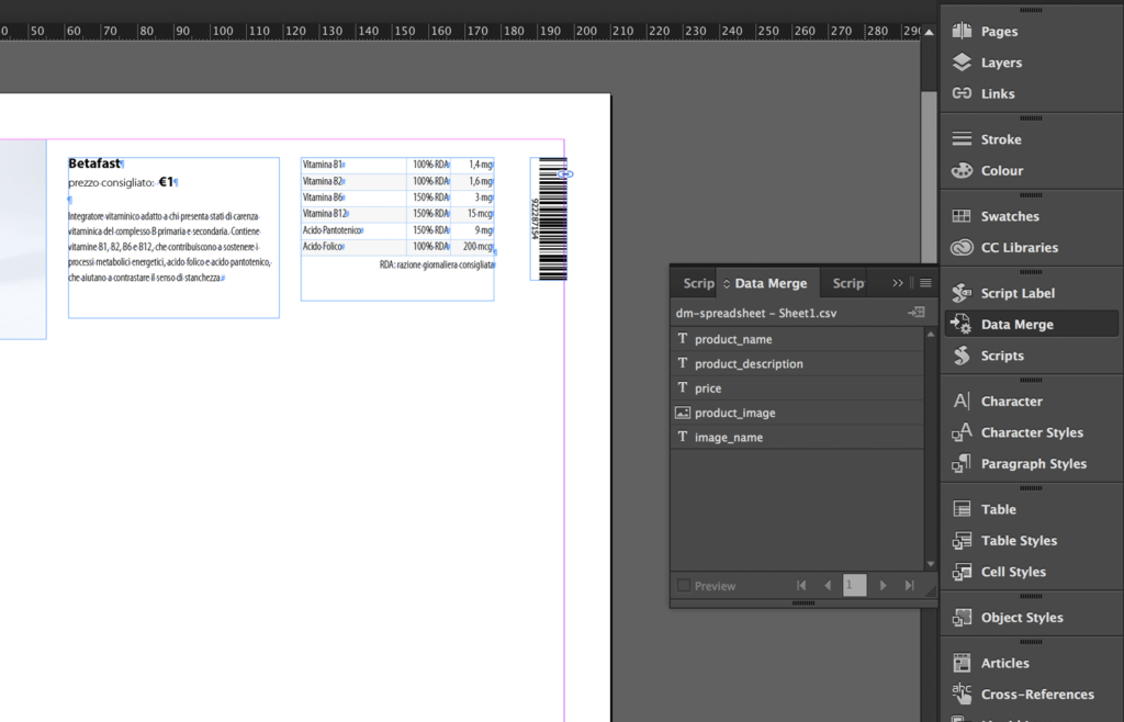 The InDesign Data Merge feature creates the “variables”