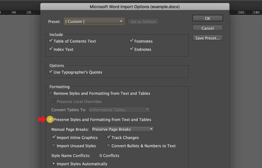 Activate “Preserve Styles and Formatting from Text and Tables”