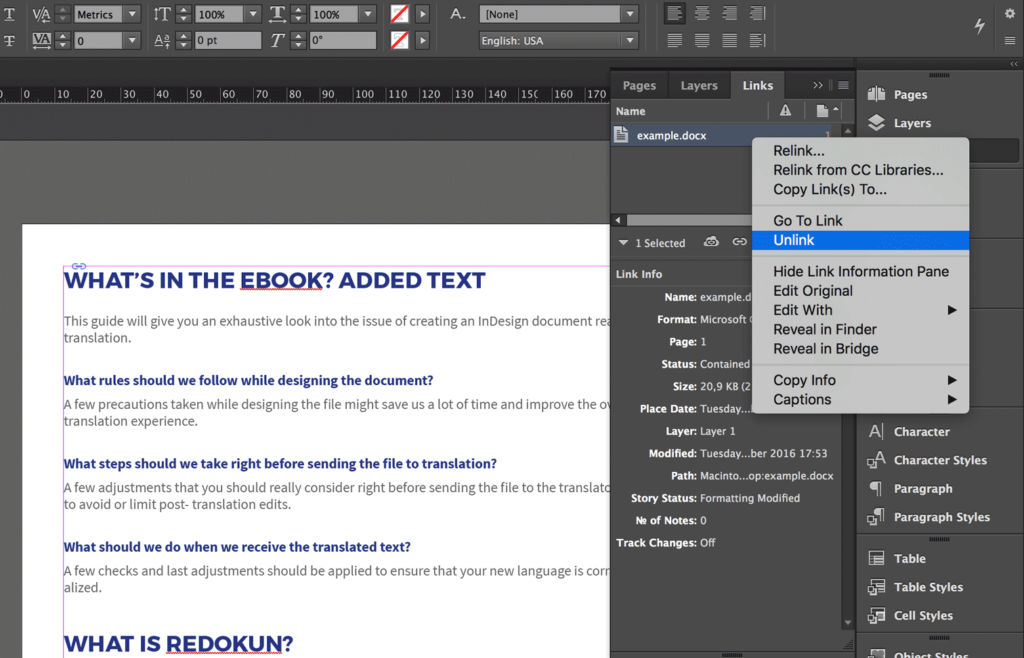 Unlink Word document from InDesign