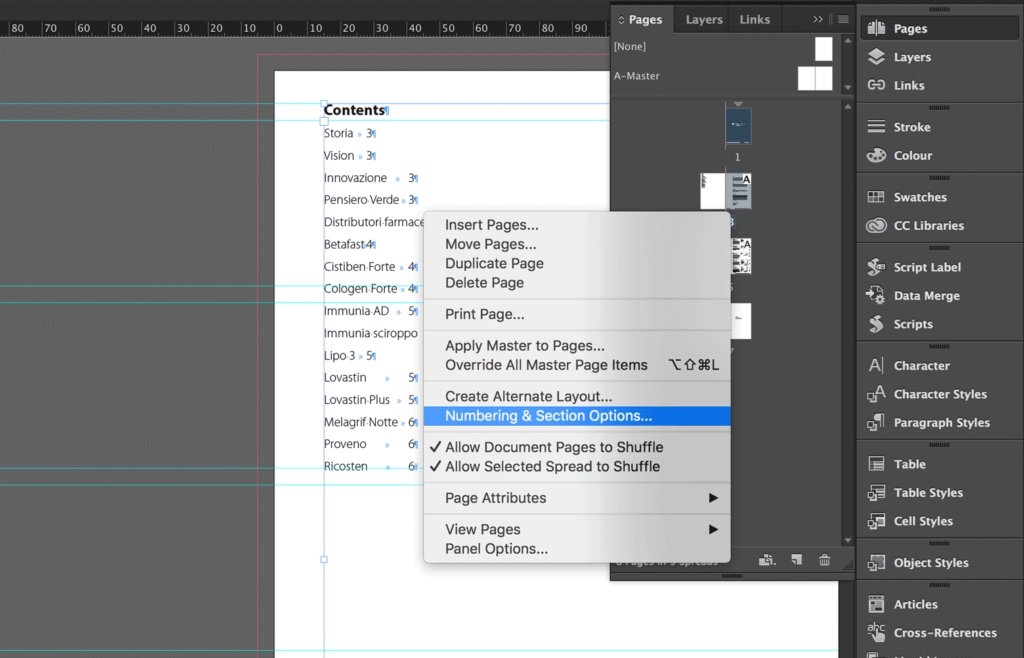 Create a new section in the InDesign