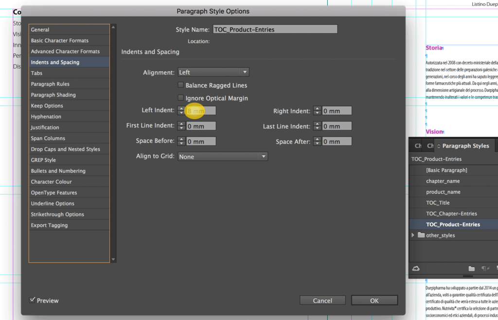 Change the left indent of the TOC_Product-Entries Paragraph Style