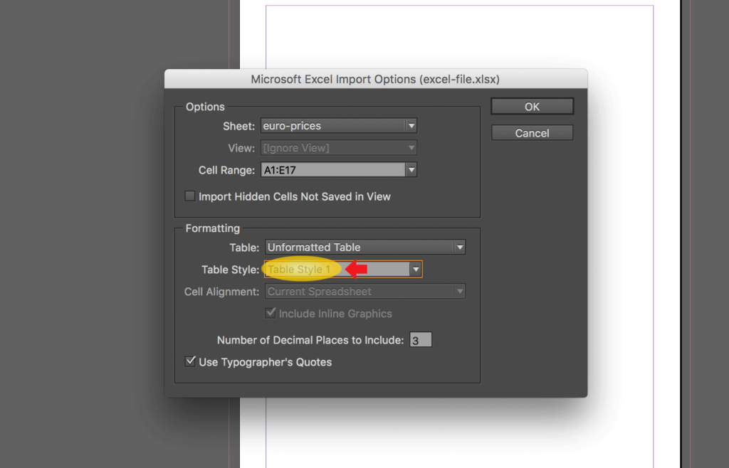 Import an Excel file into InDesign: table with alternate pattern