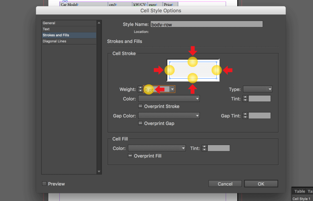 Import an Excel file into InDesign: change strokes