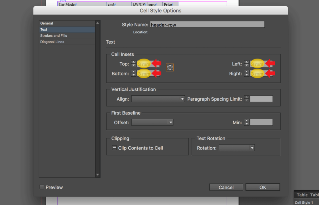 Import an Excel file into InDesign: change cell insets