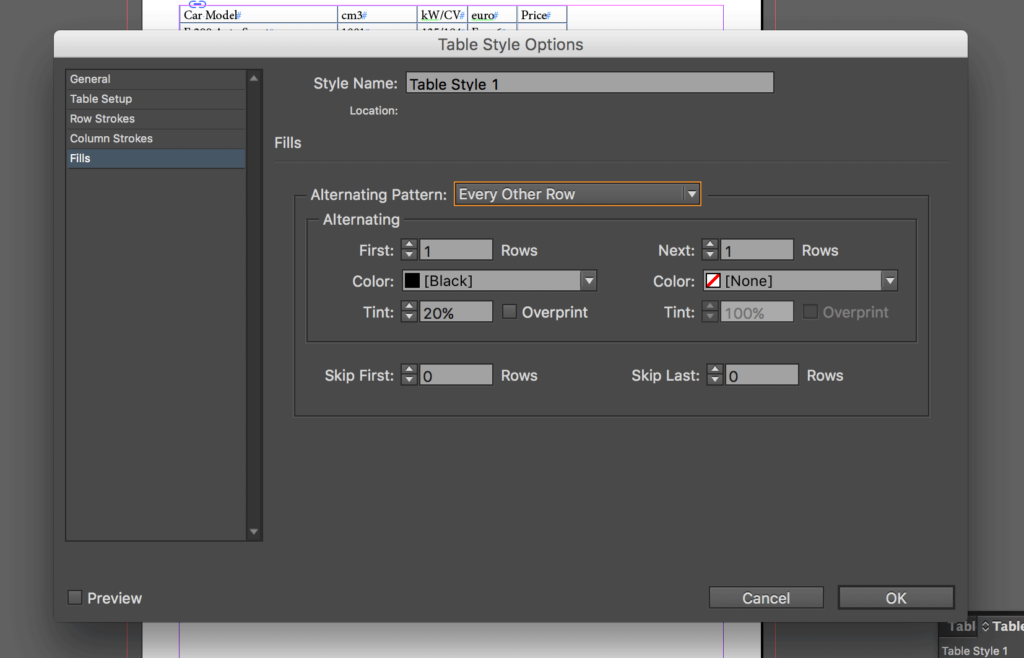 Import an Excel file into InDesign: set alternating pattern