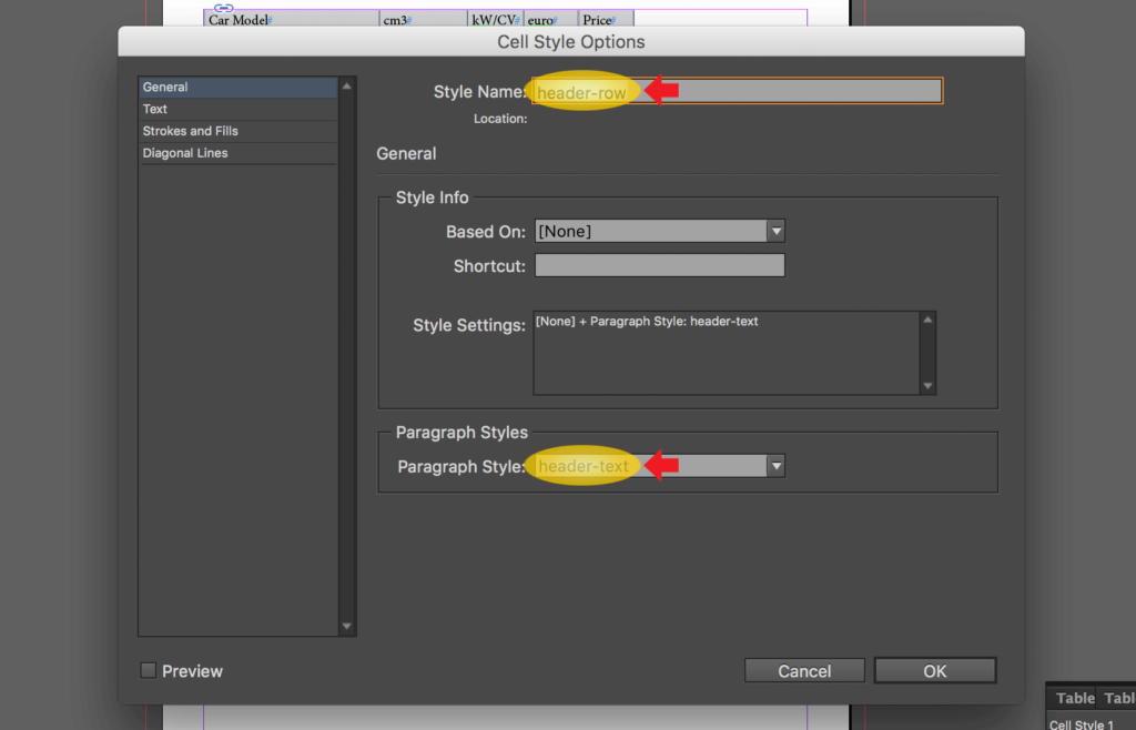 Import an Excel file into InDesign: change name and set paragraph style