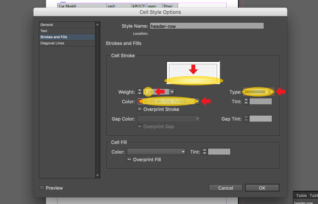 Import an Excel file into InDesign: change strokes