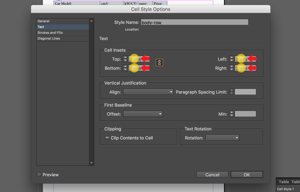 Import an Excel file into InDesign: change cell insets