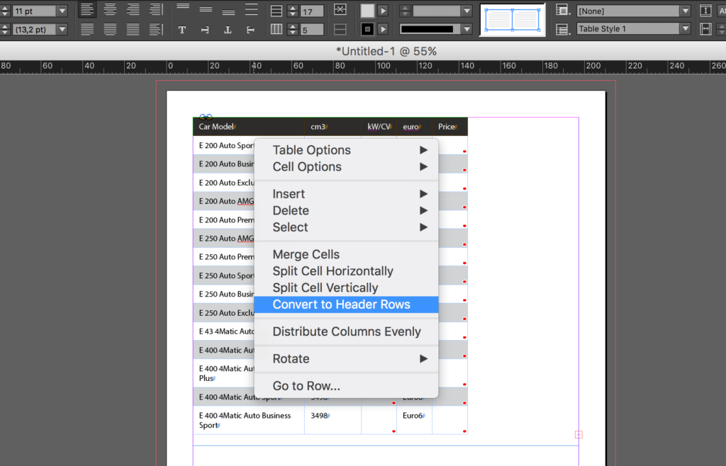 Import an Excel file into InDesign: convert to header rows