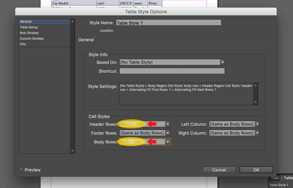 Import an Excel file into InDesign: change Header Rows and Body Rows