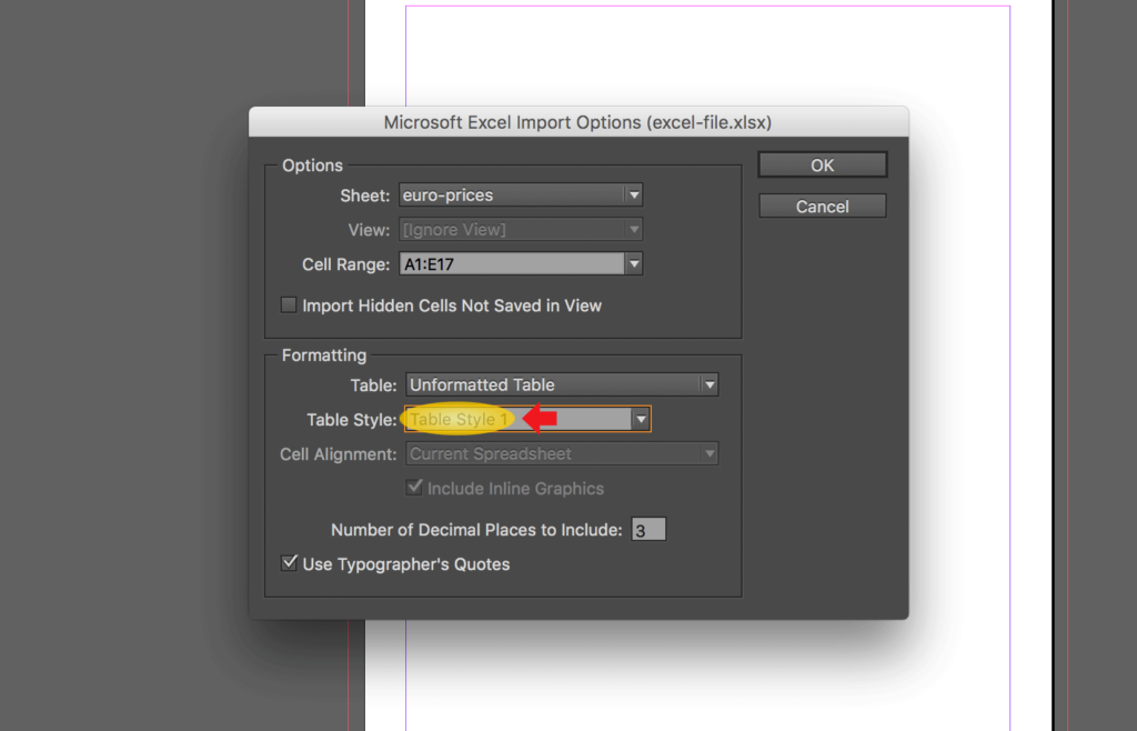 Import an Excel file into InDesign: linking spreadsheet