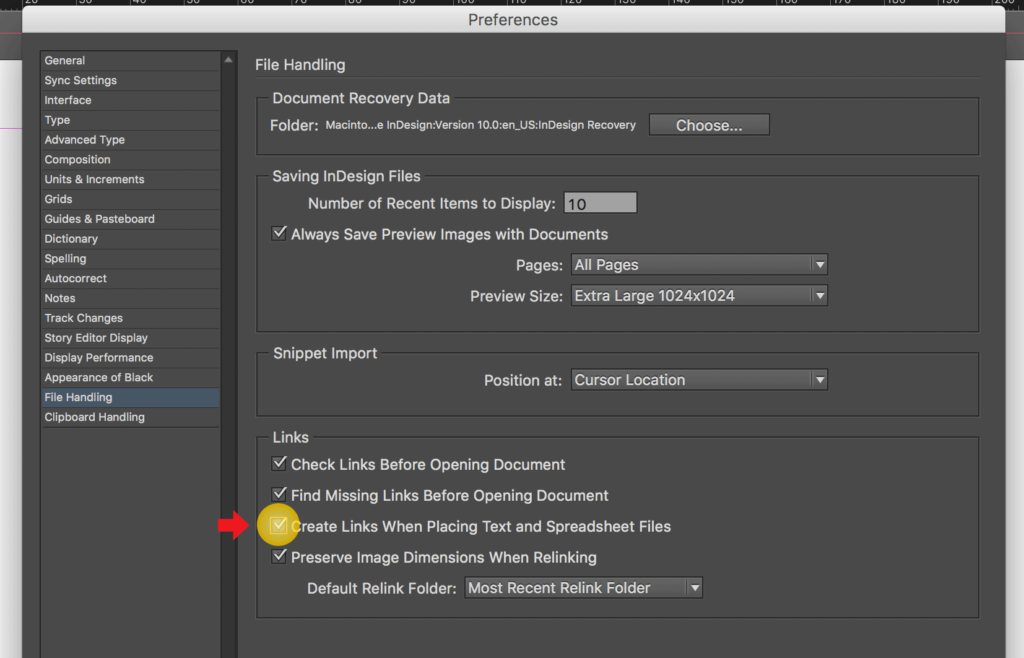 Import an Excel file into InDesign: Check the option for linking Excel spreadsheets