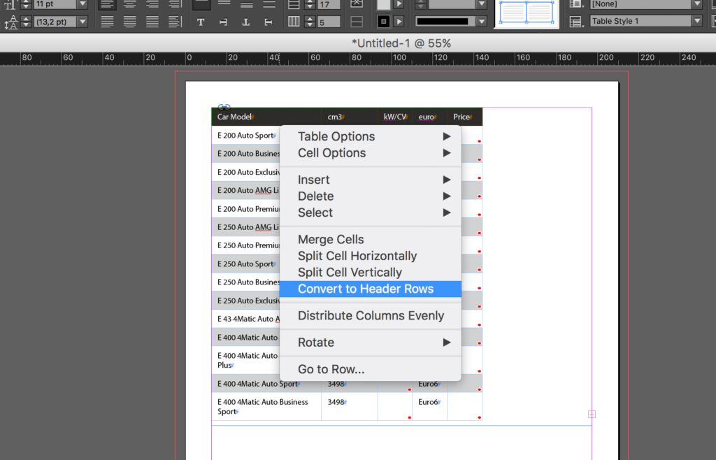 Import an Excel file into InDesign: convert to header rows